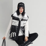 Down Vest Jacket Women Autumn Winter Patchwork Letter Print Stand Collar White Duck Down Waistcoat Lady Outerwear Tank
