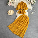 Fongt Luxury Retro Temperament Female Short-Sleeved Single Buckle Shirt High-Rise Half-Dress Two Sets Of Lace Fashion Set