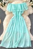 Women Casual Dress Double Layer Ruffled Off Shoulder Slash Neck Chiffon Dresses Woman Summer Midi Dress Vestidos