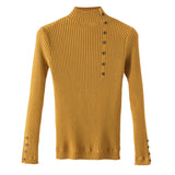 Office Lady Front Buttons Fleece Knitted Sweater Long Sleeve Mock Neck Solid Slim Pullover 2021 Winter New Fashion