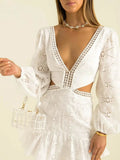 Fongt Break French Elegant Wind 2025 Spring New Fashion Design Deep V Lace Hollow Dress