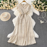 Fongt Red Dot V-Neck Women's Short-Sleeved Dress Summer Single Buckle Tie With Thin A-Word Mid-Long Dress