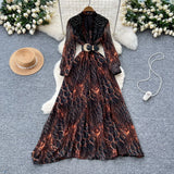 Fongt Fashionable Dress Women's French Nail Polish Brighten Embroidery V Collar Long Sleeve Leopard Print Elegant Long Dress