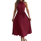 Shooting 2025 Spring And Summer Elegant Tie Without Sleeves To Close The Waist 100 Folding Long Dress Women's