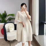 Patchwork 3D Flower Three Quarter Sleeve Single Breasted Pleated Solid Dress For Women 2024 Autumn Fashion New TH1217-Outfit