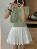 Style Three-Dimensional Bow-Tie Short-Sleeved Sweater Women's 2024 Spring New Sweet Jacket Short-Style Knitted Blouse-Outfit