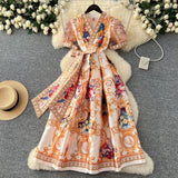 Fongt A Women's Court Style V Tie With A Belt Net Yarn Bubble Sleeve Print Large Swing Long Joint Dress
