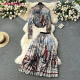 New Advanced Casual Women's Elastic Long Sleeve Pleated Top+High Waist Pleated Half Skirt Printed Skirt 2-piece Set-Outfit