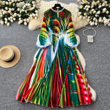 Fongt Elegant Dress Women Fashion Nail Ball Collar Hollow Pressure Folding Lantern Sleeves To Print Long Skirt