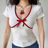 V-Neck Bow Knot Short Sleeve Coquette Tee-Outfit