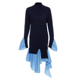 Fongt Autumn And Winter Retro Romantic Sleeves Casually Stum Irregular Splicing Splicing Color Knitted Dress QD1027