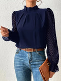 Fongt Women's Autumn And Winter New Half-High Collar Spliced Wave Chiffon Long-Sleeved Top Woman