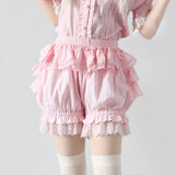 Lolita Safety Shorts Pink Girl Kawaii Lace Ruffle Cotton Underwear Tiered Pumpkin Short Pants Victorian Gothic JK Bloomers-Outfit