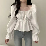 Solid Color Elastic Square Collar Puff Sleeve Blouse-Outfit