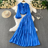 Fongt Style Pink Three-Dimensional Flower Collar Lantern Sleeve Shirt Lady Autumn High-Rise Dress Set