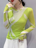 Fashion Printing Long-Sleeved Round Neck T-shirt Women Contrast Color Slim Double-Layer Mesh Tees Tops-Outfit