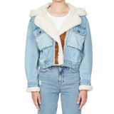Fongt Blue Denim Lamb Hair Spring 2024 New Splicing Personality Single Breasted Short Coat Woman-Outfit