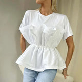 Fongt 2025 Fashion New Elegant Style Collar Folded Waist Splicing Design Sense Short-Sleeved Shirt