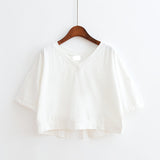 Fongt Summer Pure Color Back Splicing Fork V-Neck Loose Short Jacket Female Student Strap Short Sleeve T-Shirt Women's