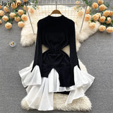 Korean Temperament Knitted Dress Women Autumn Slim Thin Irregular Contrast Color Patchwork Vestidos Fashion