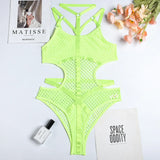 Dark Gothic Fishnet Sexy Bodycon Halter Bodysuits Women Grunge Punk Hollow Out Nightclub Lingerie Patchwork Emo Alt