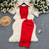 Fongt Kong Style Retro Hottie Suit Women's Summer Short Vest Top With High Waist Half Skirt Knit Two Sets