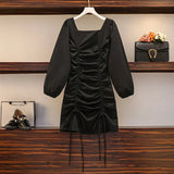 Women Autumn Winter Vintage Dress Soild Square Colar Long Sleeve Elegant Korean High Waist Bodycon Bandage
