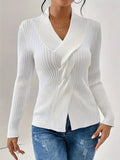 Fongt Women's Temperament Thread Under The Fork Knit Shirt Fashion Long-Sleeved Solid Color Sweater