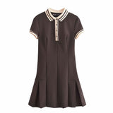 Fongt 2025 New Women's Retro Body-Creats Bumping Color Ribs Wide Folding Dress