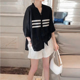 Striped Patchwork Midi Blouse Three Quarter Spring Summer Women's Clothing V-Neck Casual Single-breasted Loose Shirt-Outfit