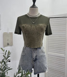Fongt Summer Denim Splicing Mesh Yarn Short-Sleeved T-Shirt Design Fake Two Hot Girl Short Top 26231