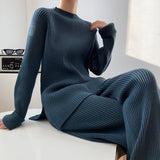 Fongt Color Sweater Open Fork Wide Leg Pants Two Sets Of Fashion Lazy Wind Knit Sweater Woman-Outfit
