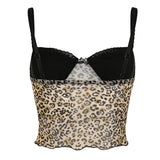 Retro Leopard Print Camis Vintage 2000s Bow Stitched Sleeveless Lace Strap Crop Top Women Summer See Through Mesh Tee y2k-Outfit
