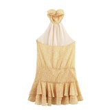 Fongt Summer New Cascade Decoration Hanging Neck Print Short Dress