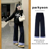 Fongt Blue Roll Edge Design Wide Leg Slack Women 2025 Spring And Autumn High-Waist Loose Straight Straight Trousers