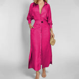 Fongt 2024 New Temperament Female Commuter Belt Solid Color Waist Long Sleeve Irregular Shirt Dress
