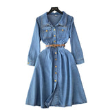 Fongt Water Wash Denim Dress Women's Autumn New High-End Thin Temperament Waist Single Buckle Long Skirt