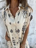 Fongt New Summer Loose Leisure Short-Sleeved Cotton Shirt Pocket Print Dress Woman