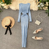 Fongt Women's Autumn And Winter 2025 New Korean Version Of Simple Solid Color Long Sleeves Tight Waist Thin Knit Long Dress