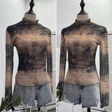 Fongt Shooting Denim Pattern Dye Printing Retro Babes Thin Mesh T-Shirt High-Necked Long Sleeve Bottom Shirt Top 9950