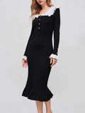Fongt Retro-Collending Lotus Leaf-Side Elegant Knitted Dress Slimy Temperamental Dress