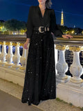 Fongt Long-Sleeved Temperament Elegant Waist Display Thin V-Neck Broad Leg Trousers Set Without Belt