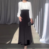 Fongt 2024 New Fashion Color Stitching High Waist Slim Temperament Long-Sleeved Dress-Outfit