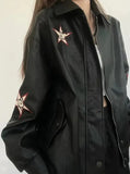 Star Patchwork Pu Leather Jacket-Outfit