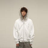 Fongt Selling Vintage Fur Collar Couple Hooded Zip Open-Air Jacket Oversize Design Niche Coat