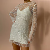 Fongt Explosion Of Women's Beads Perspective Mesh Two Sets Of Sling Dress