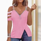 Fongt Hot Drill V Collar Off-The-Shoulder Metal Sling Zip Shoulder Sleeve Vest T-Shirt Pit Strip Small Shirt