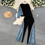 Fongt Version Of The Casual Sports Suit Women's Autumn Design Feeling Loose Collar Collar High-Waisted Denim Splicing Trousers
