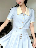 Kawaii Two Piece Set Women Patchwork Vintage Sweet Mini Skirt Set Female Button Korean Fashion Skirt Suit 2023 Summer