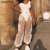 Mesh See-through Hight Waist Cargo Pants Patchwork Sweatpants Black Fashion Summe New Loose Trousers Women